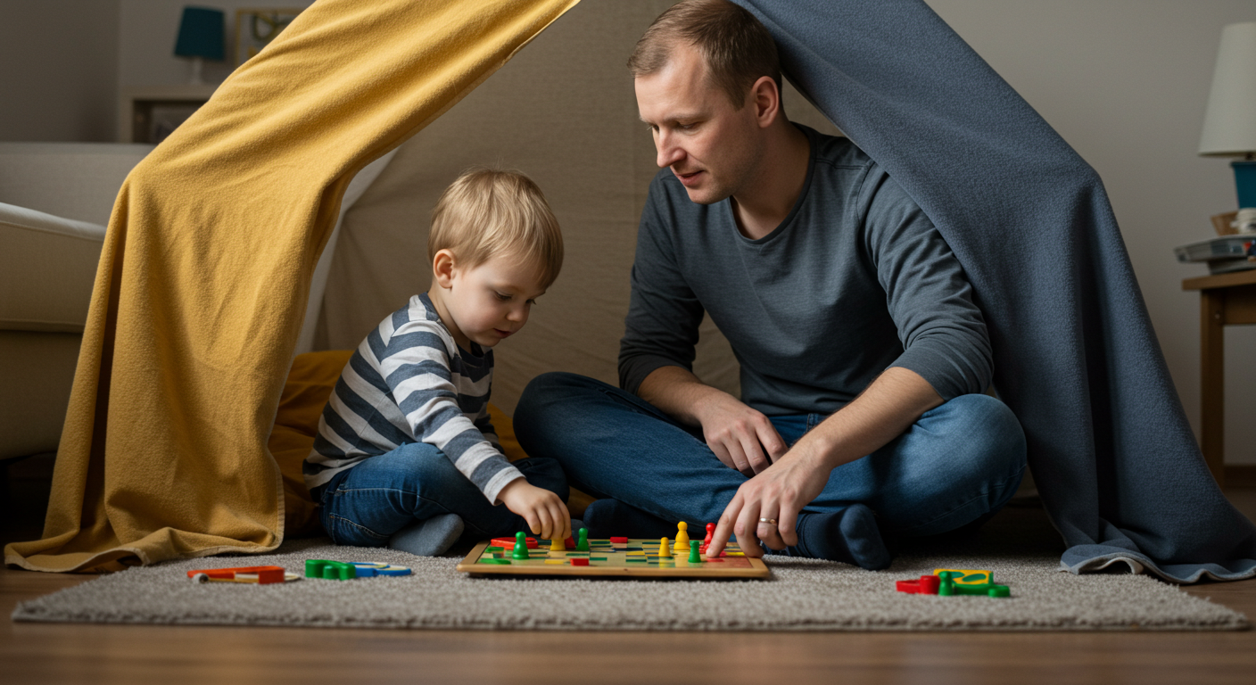 Отец с сыном играют в настольную игру в шалаше из одеял
