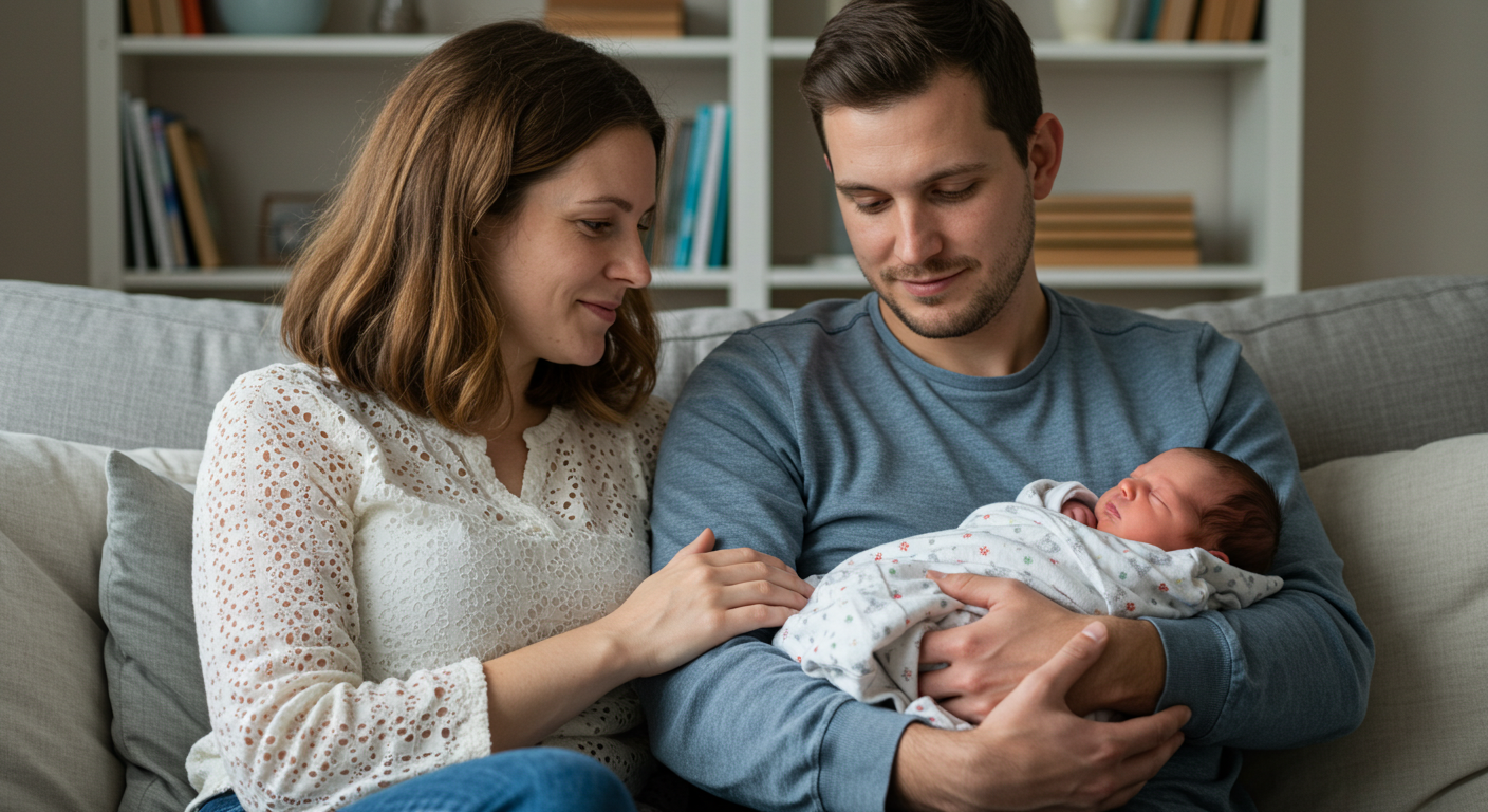 Родители держат трехмесячного ребенка на диване в уютной комнате