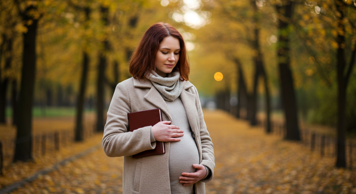 Женщина в парке нежно касается живота, думая о родах и новом этапе жизни