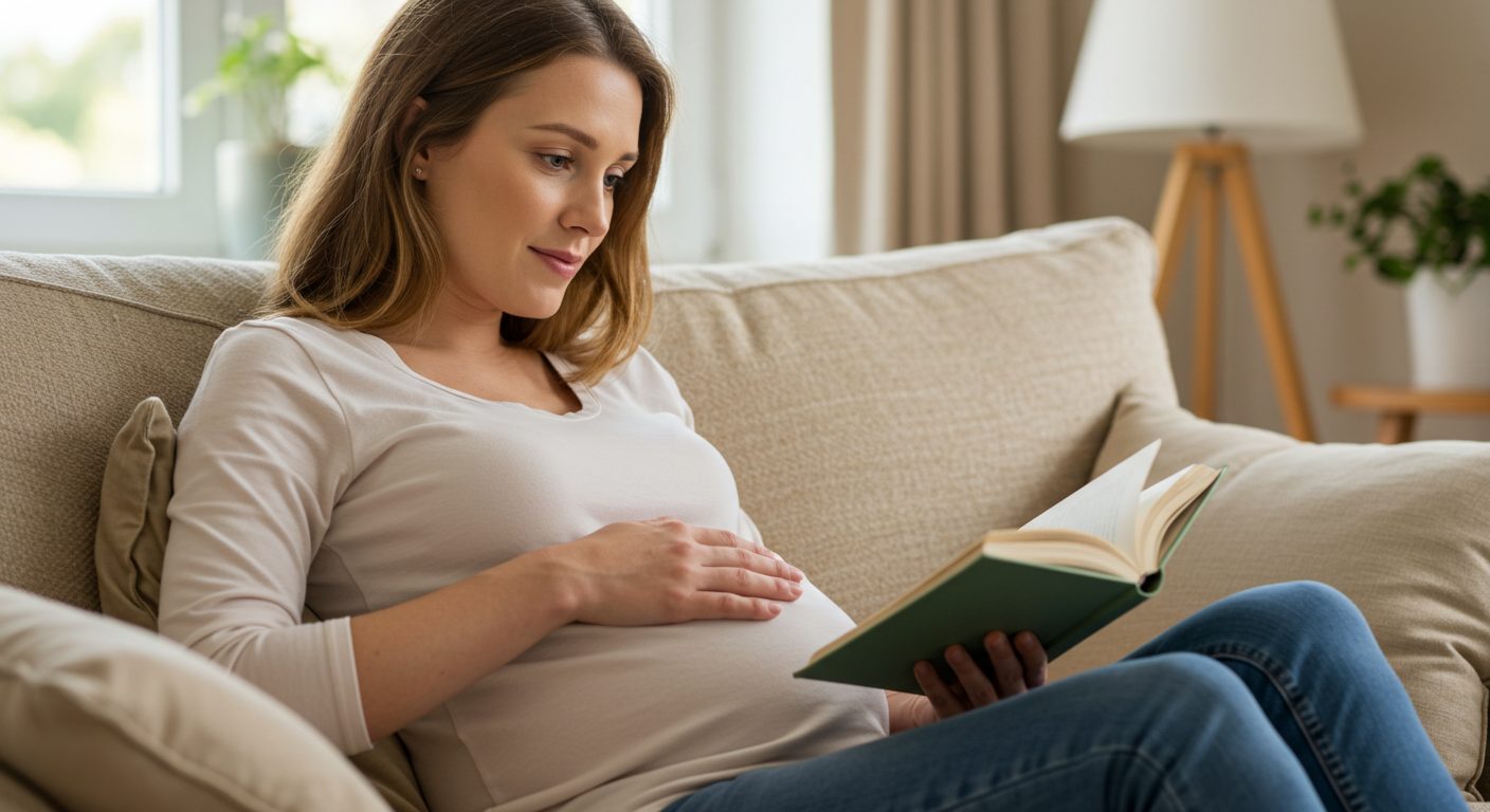 Беременная женщина читает книгу и нежно держит живот на диване