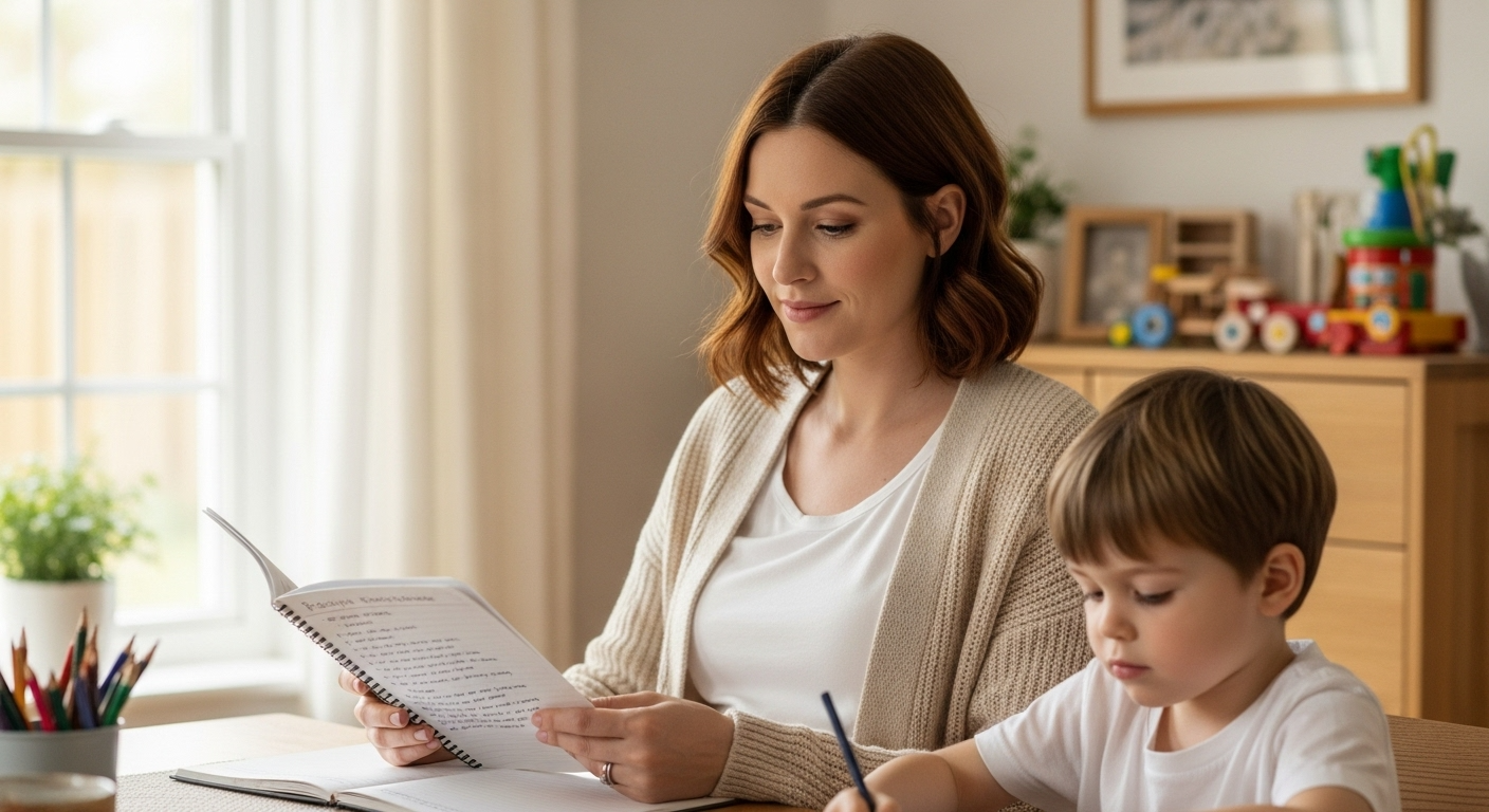 Беременная женщина читает рецепт, сын цветет рядом