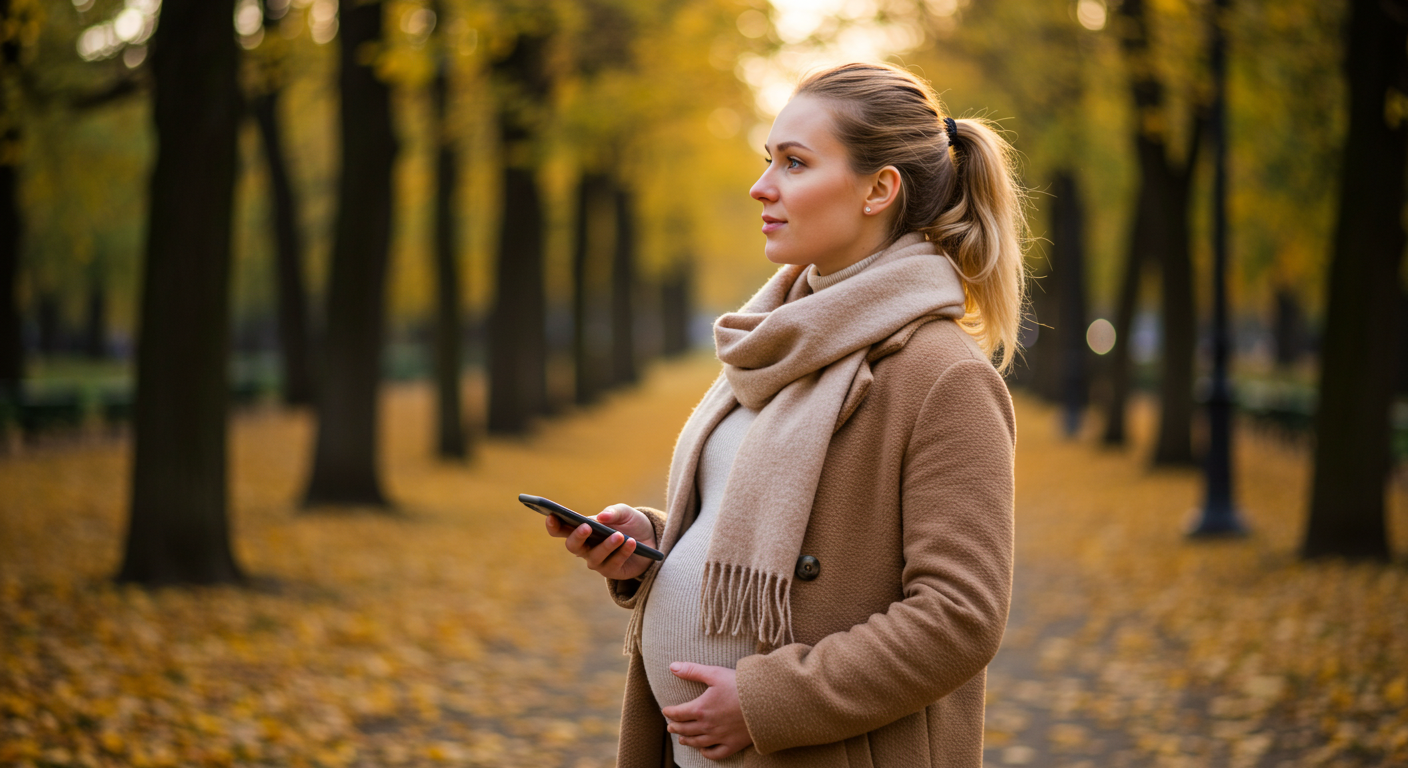 Беременная женщина гуляет в парке с осенними листьями, спокойное выражение