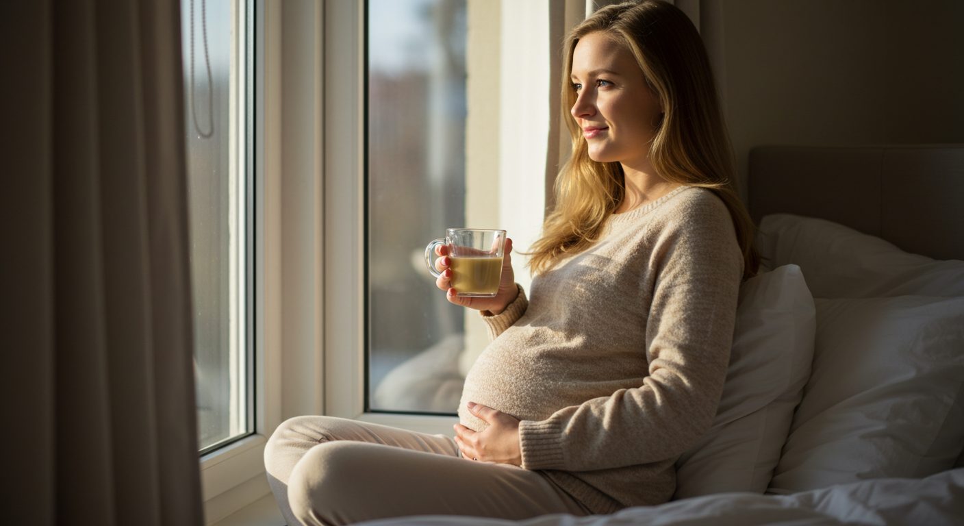 Беременная женщина сидит у окна с чашкой, мягкий свет утра