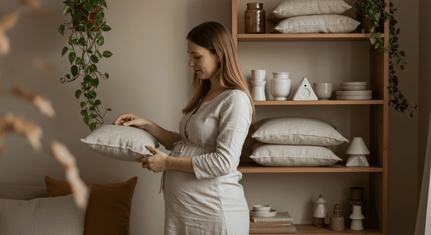 Беременная женщина украшает японский интерьер квартиры с растениями и светлыми тонами