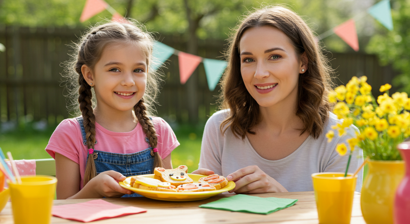 Девочка гордо показывает маме животные бутерброды на пикнике