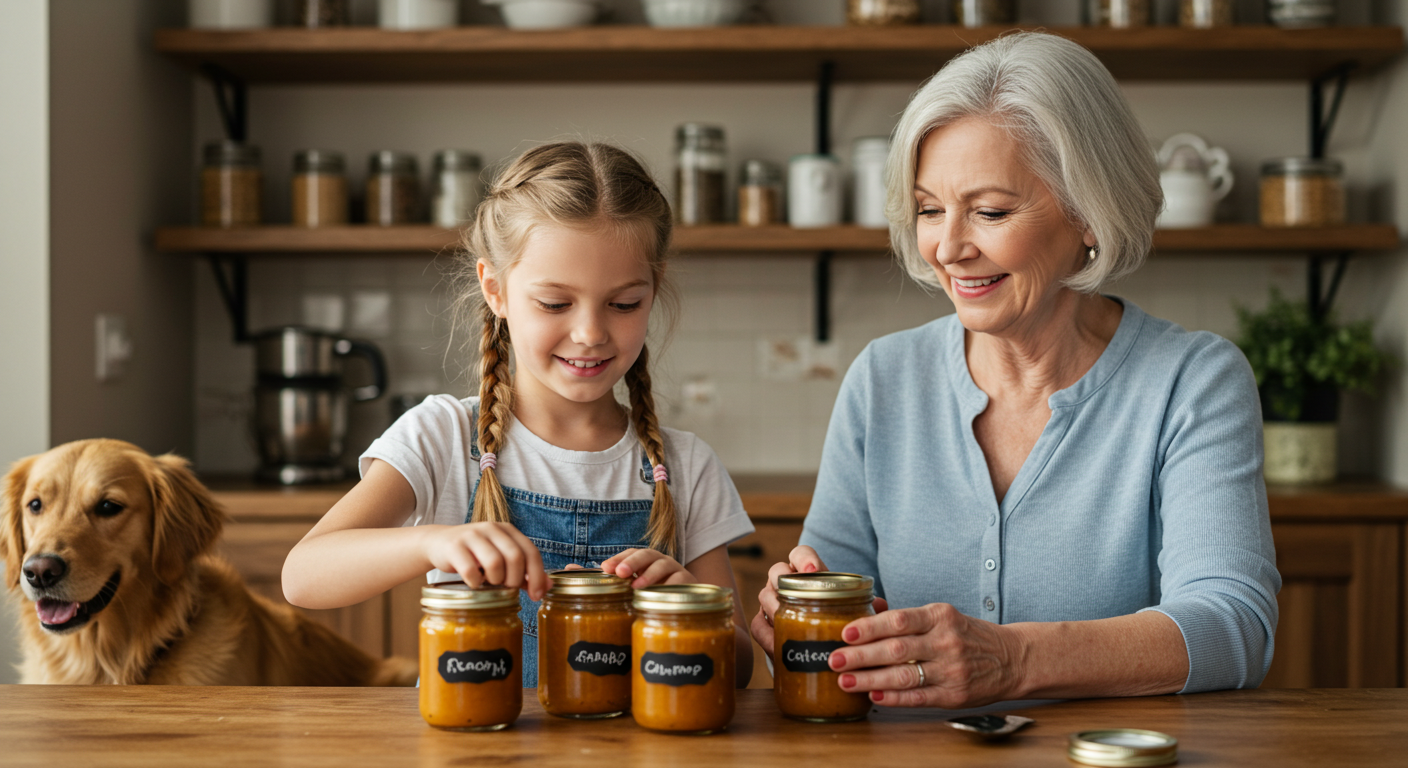 Девочка метит банки супа, бабушка рядом с золотистым ретривером на кухне