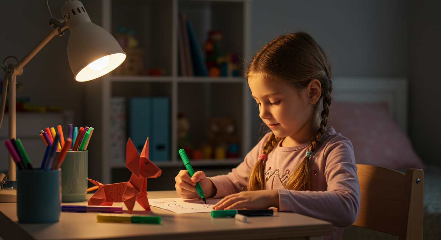 Девочка украшает собаку оригами маркерами в тихом уголке спальни