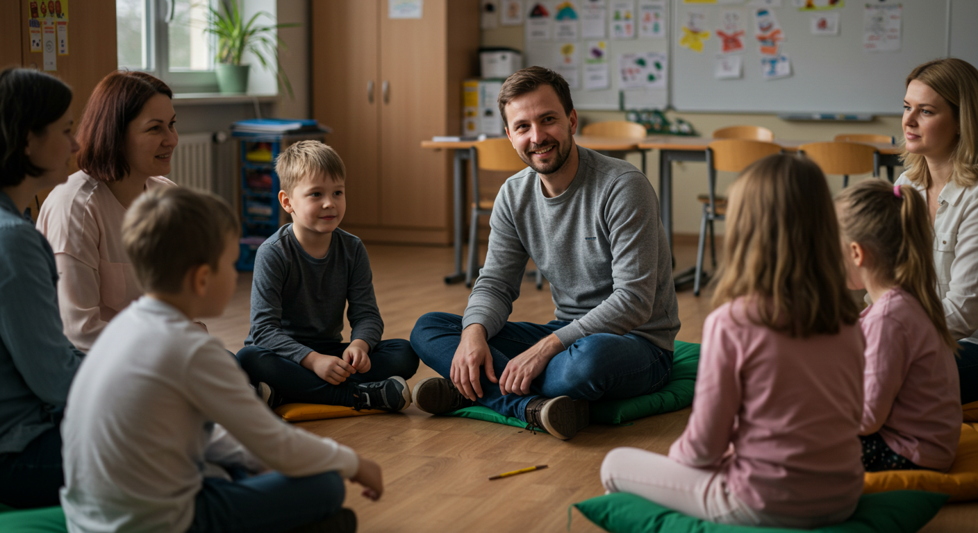 Группа родителей и детей обсуждают в неформальной обстановке на встрече