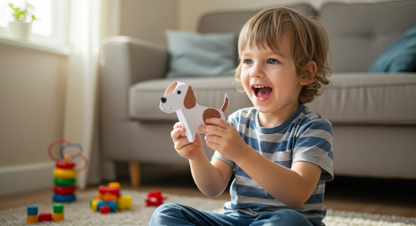 Мальчик держит собаку из бумаги на ковре в светлой комнате