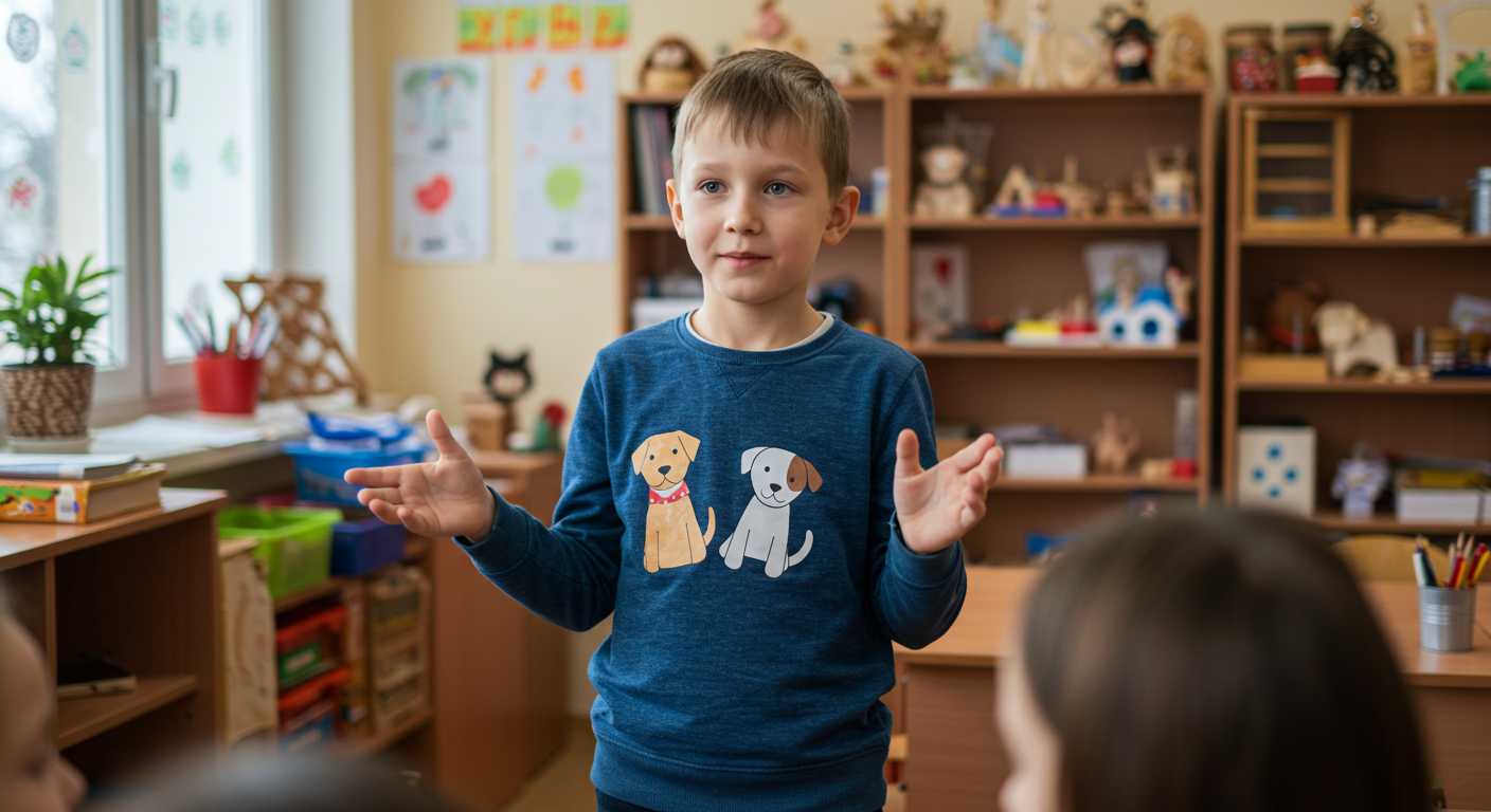 Мальчик показывает бумажных собак одноклассникам в классе