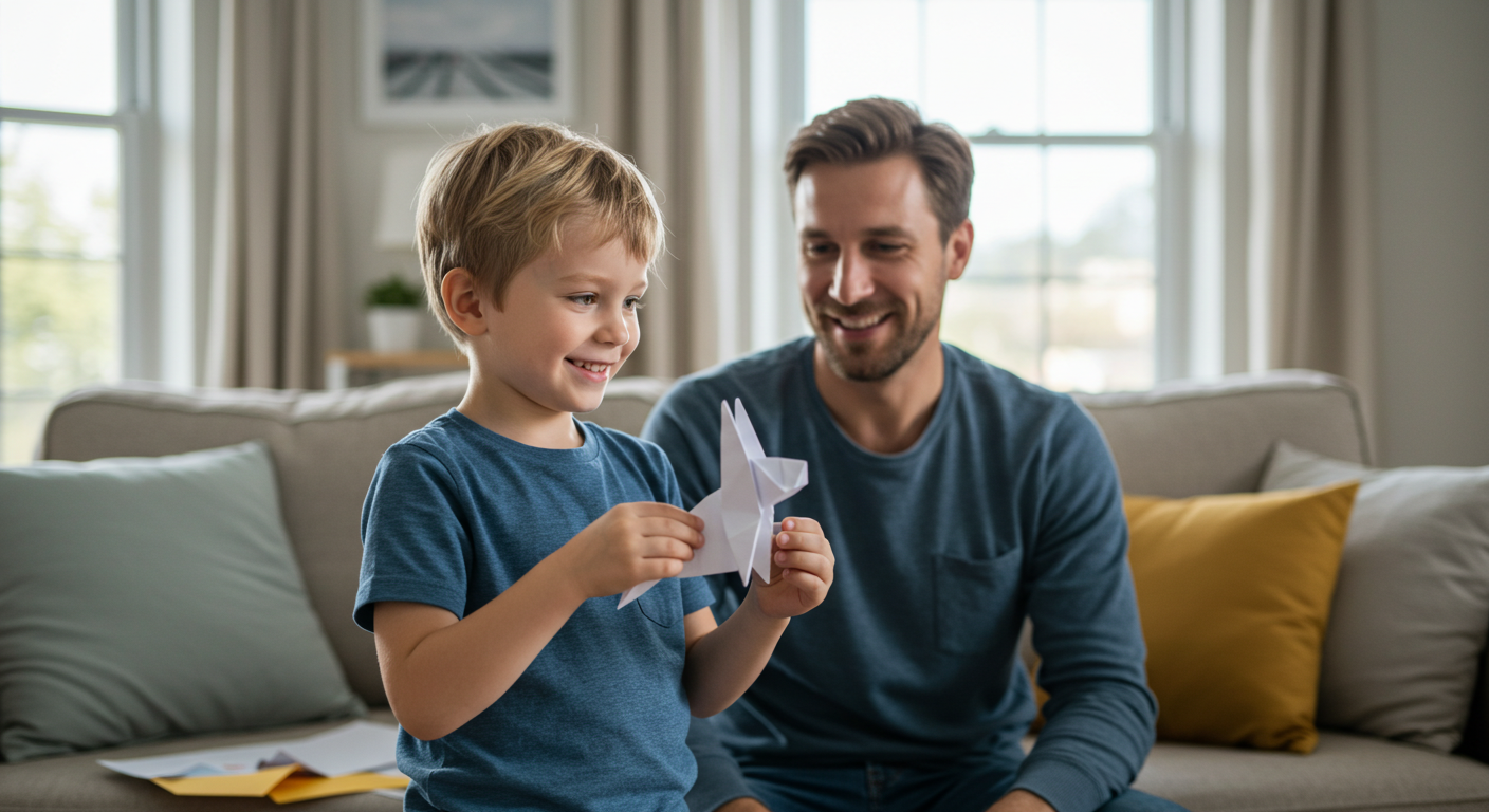 Мальчик показывает папе готовую собаку оригами в уютной гостиной