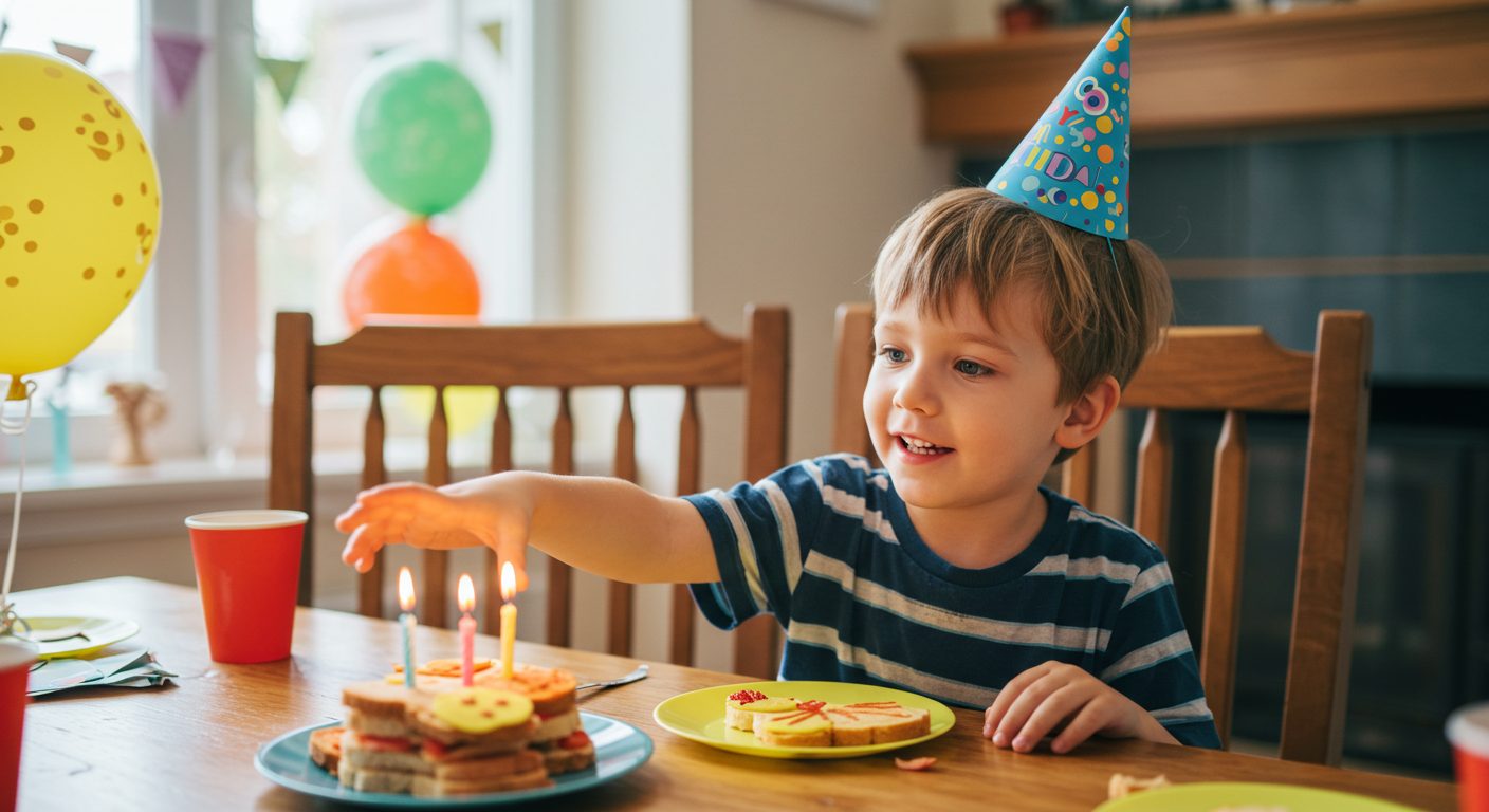 Мальчик тянется к бутерброду в виде зверюшки на праздничном столе