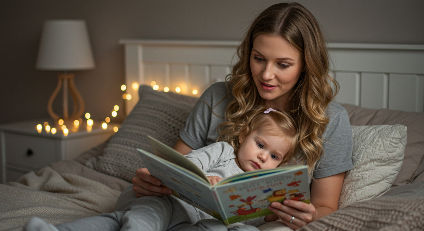 Мама читает книгу дочери на кровати в мягком свете спальни