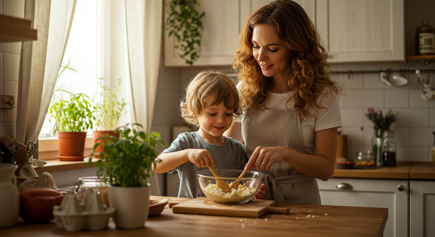 Мама готовит с сыном в яркой кухне с экологичными материалами и зеленью