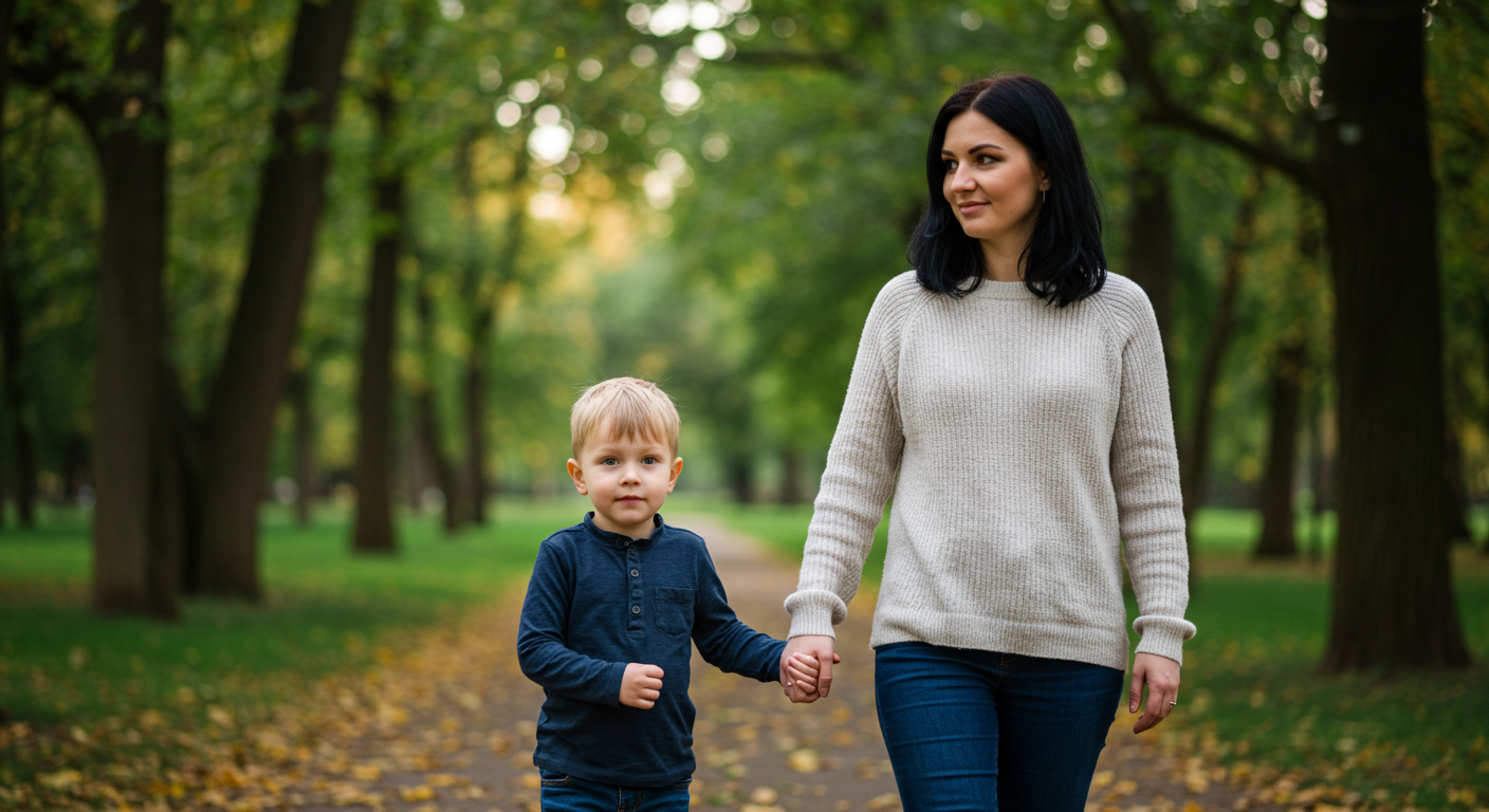 Мама гуляет с сыном по парку, держась за руки в мягком свете