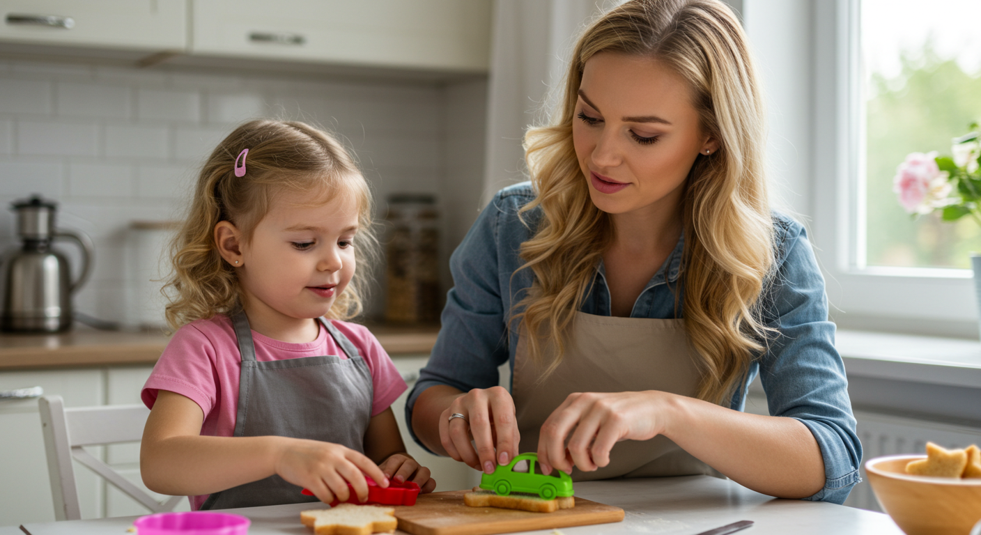 Мама и дочь готовят детские бутерброды в форме звезд и машинок