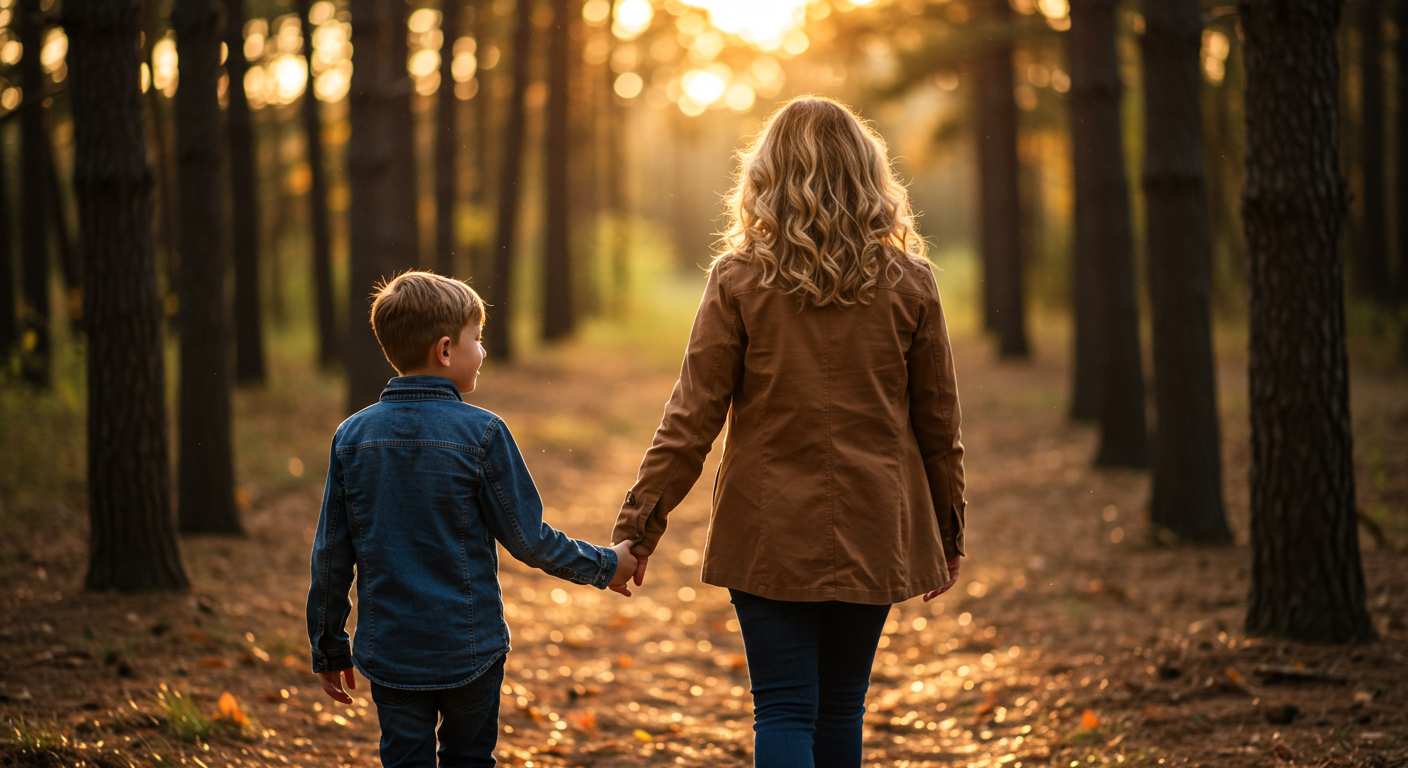 Мама и сын идут по лесу, укрепляя семейные связи и уважая личные границы