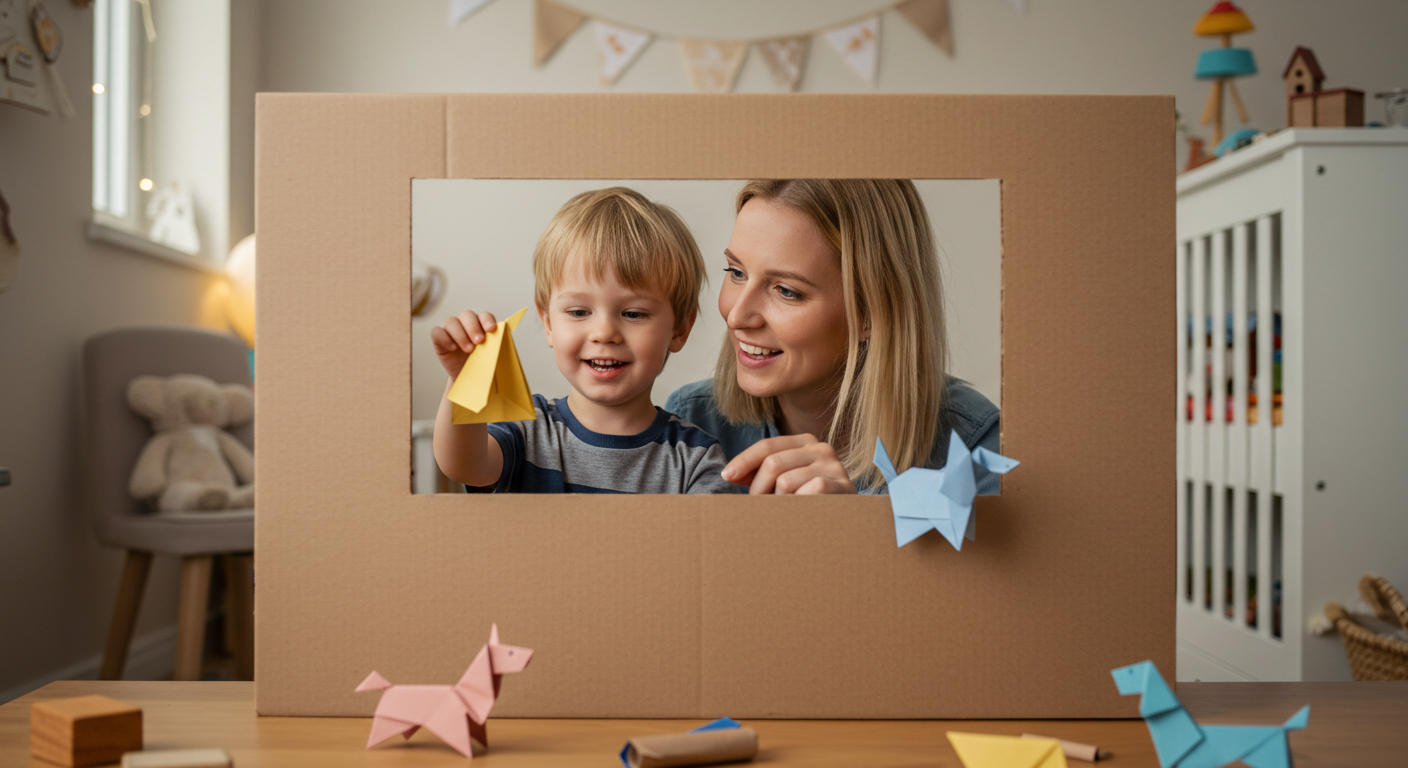 Мама и сын играют с бумажными собачками оригами в детской комнате