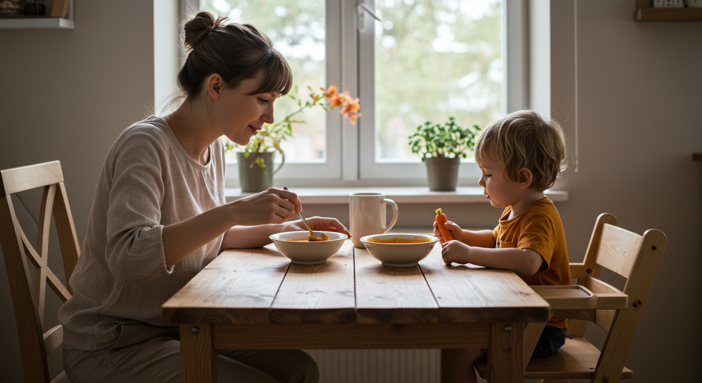 Мама и сын сервируют морковный суп-пюре в уютной обстановке на столе