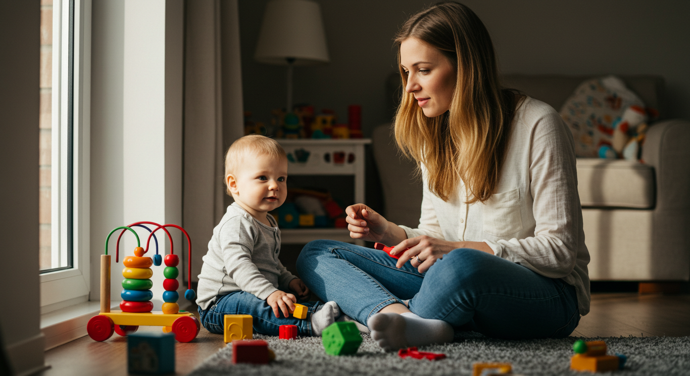 Мама играет с 1-летним сыном, наблюдая за ним и соприкасаясь с рукой