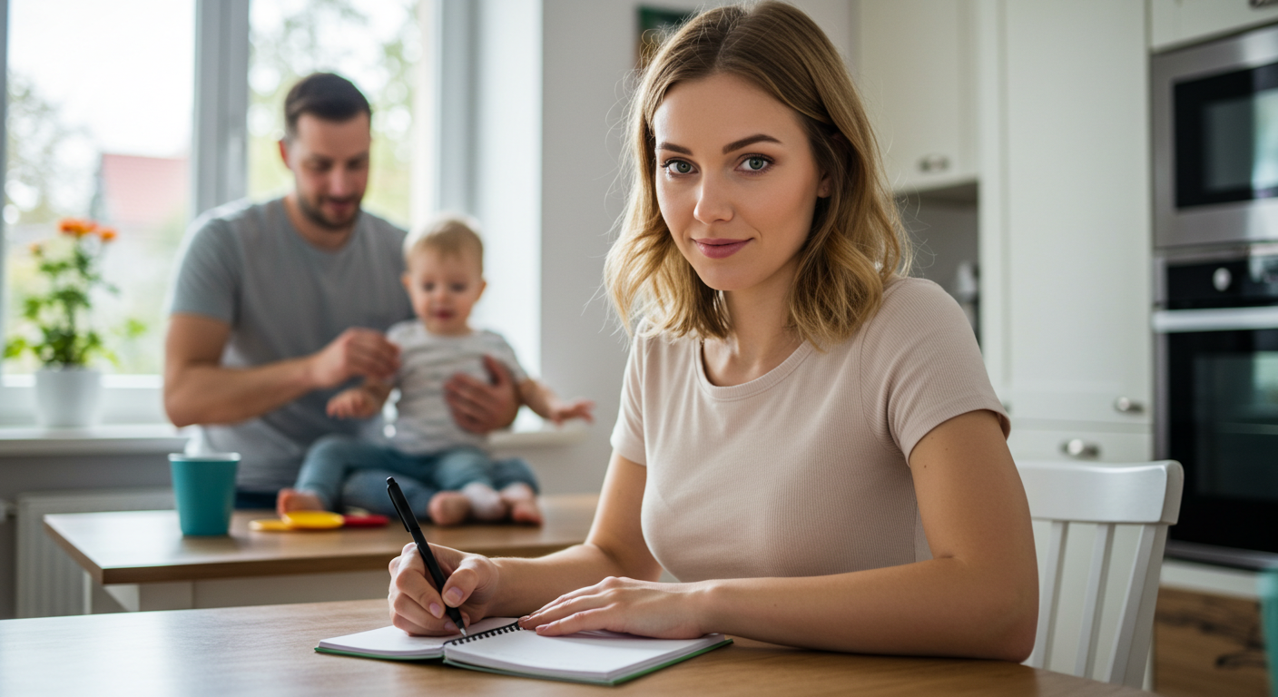Мама пишет заметки на кухне, пока отец играет с их ребенком на фоне
