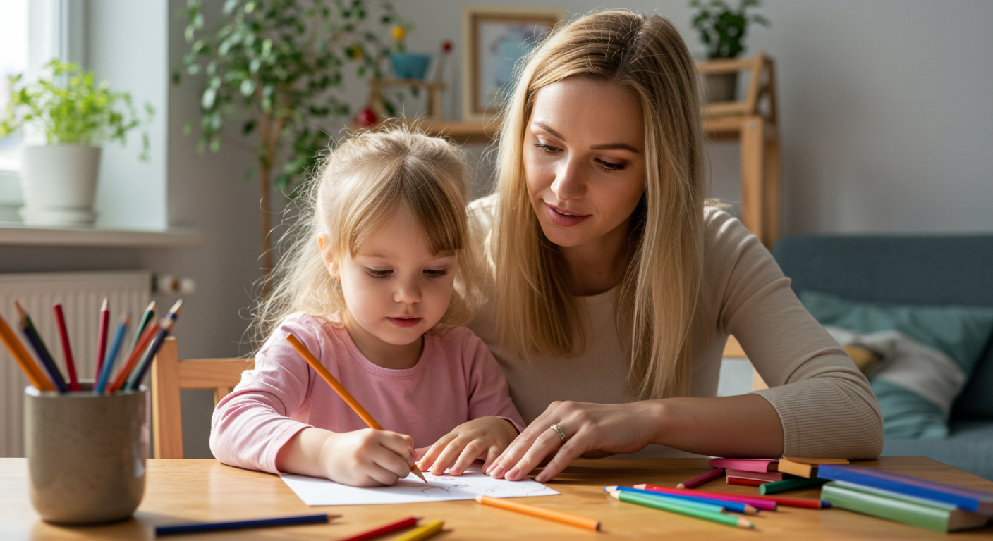 Мама помогает дочери рисовать цветными карандашами за деревянным столом