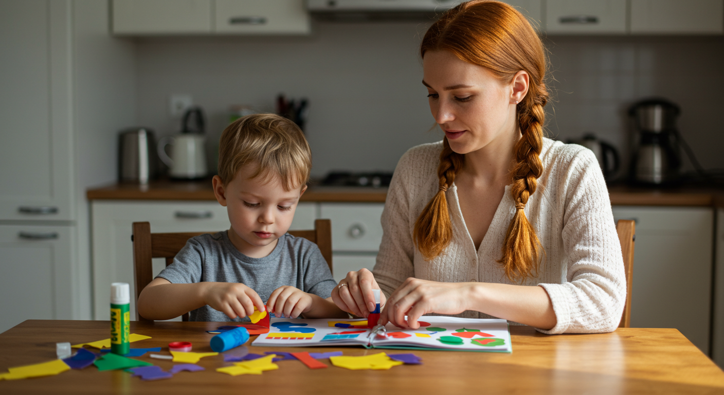 Мама помогает сыну с аппликацией за столом на фоне утреннего света