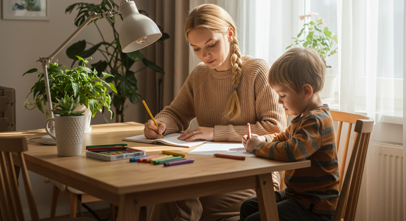 Мама журналирует за столом, пока сын рисует, создавая семейный уют