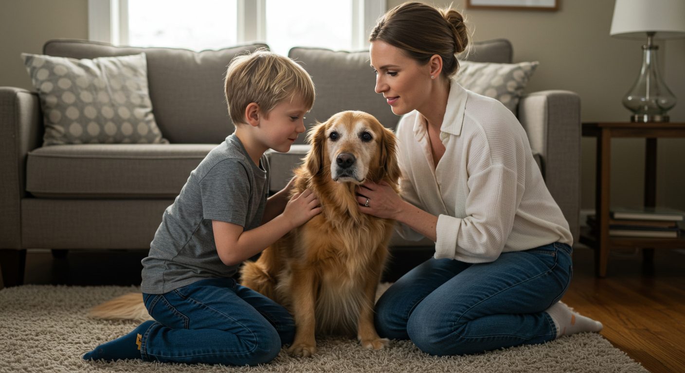 Мать гладит золотистого ретривера, сын наблюдает в уютной комнате