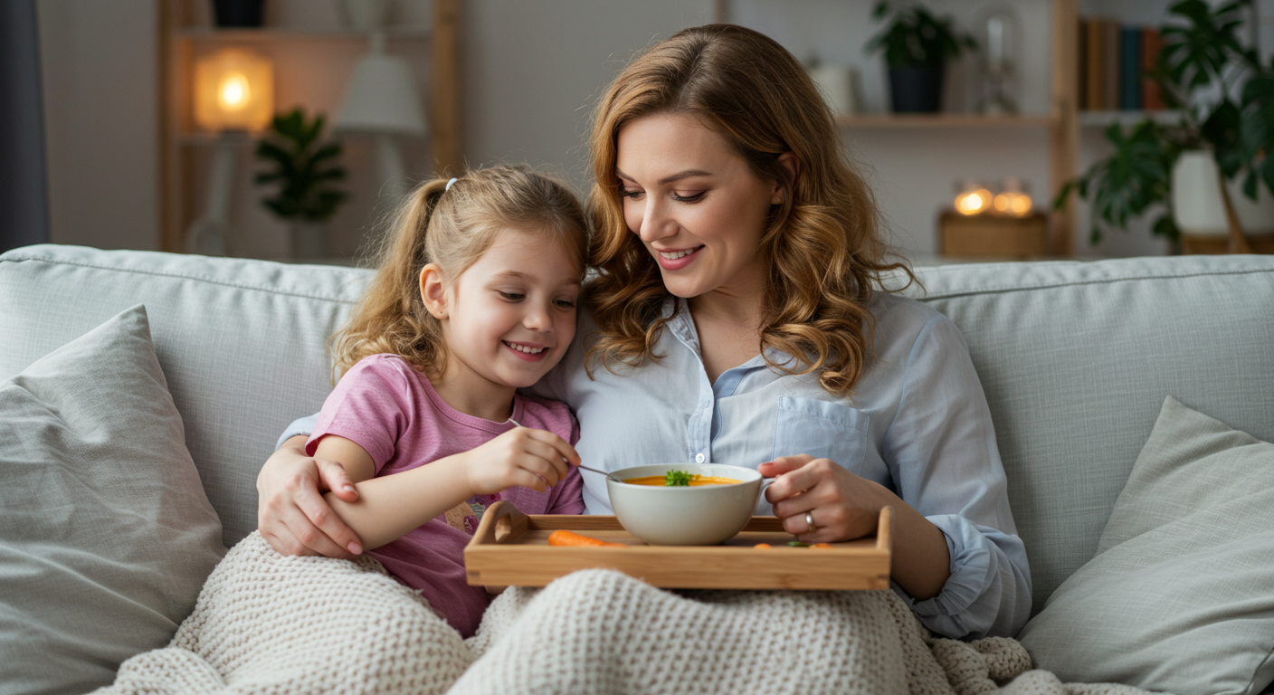 Мать и дочь наслаждаются морковным супом-пюре на диване в уютной комнате