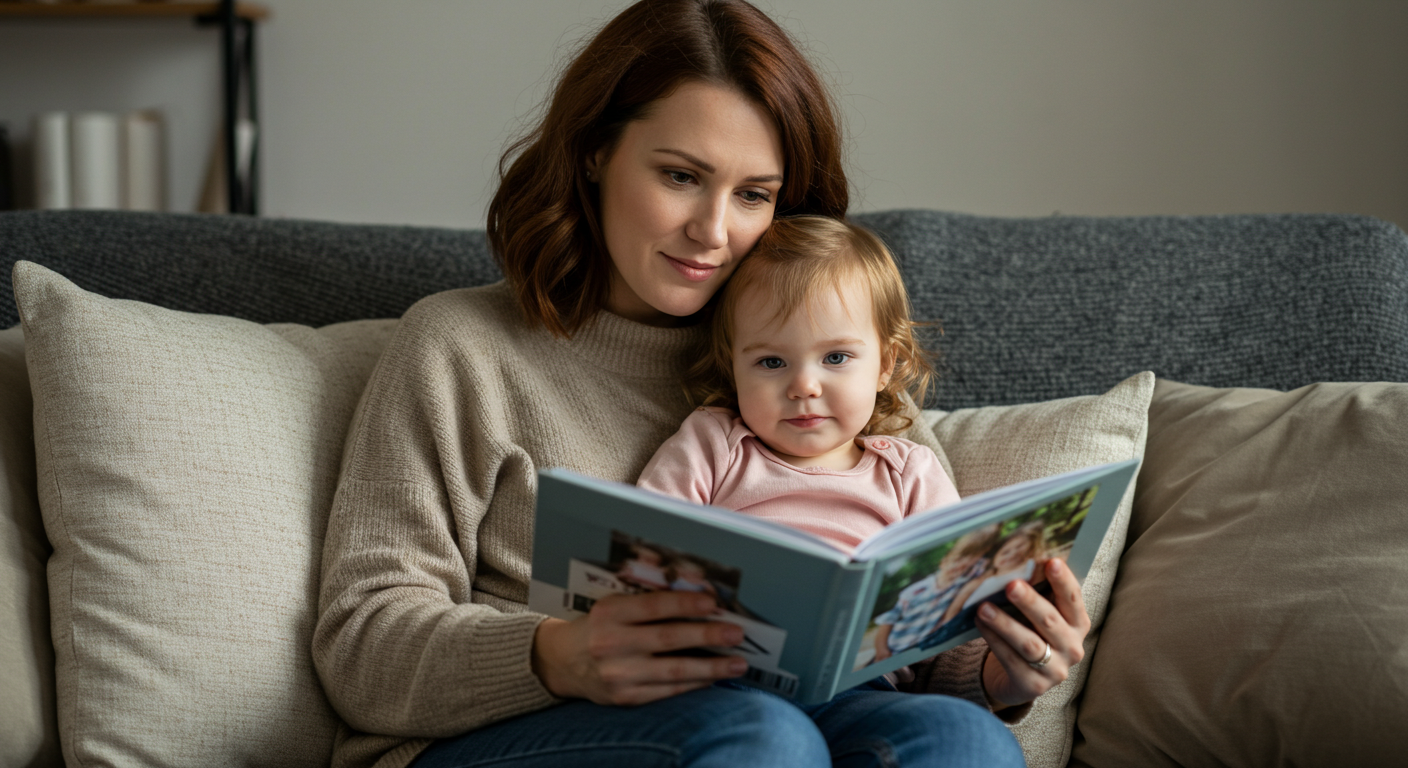 Мать и дочь рассматривают семейный альбом в уютной гостиной