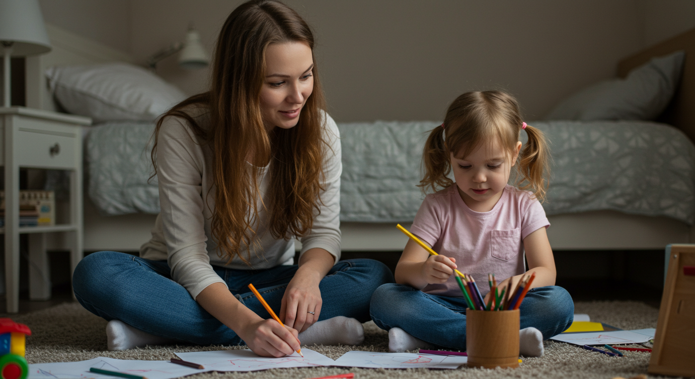 Мать и дочь рисуют вместе на полу в спальне, создавая эмоциональную близость