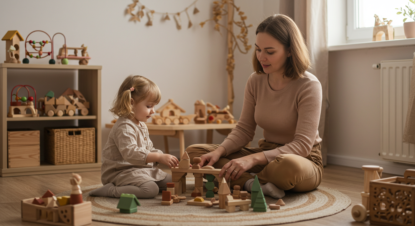 Мать играет с дочерью в яркой комнате, создавая радость в жизни