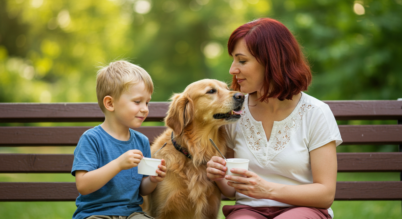 Мать кормит ретривера из контейнера, сын рядом на скамейке в парке