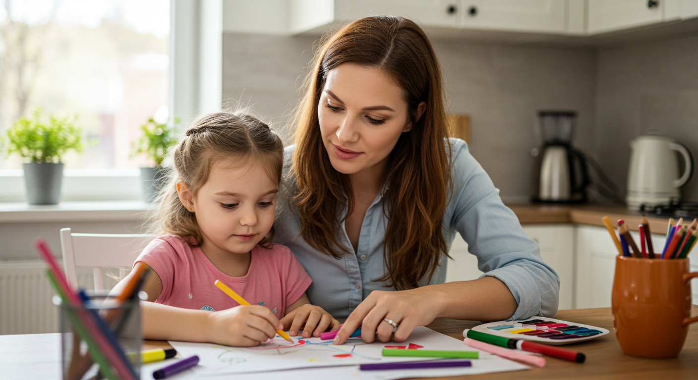 Мать помогает дочери рисовать на кухонном столе в утреннем свете