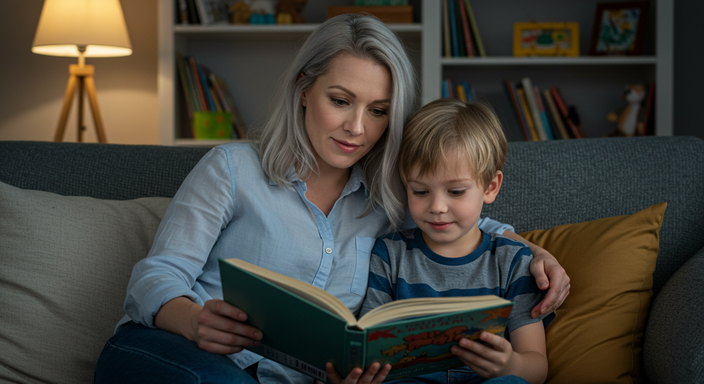 Мать с сыном читают книгу на диване, создавая семейное тепло и близость