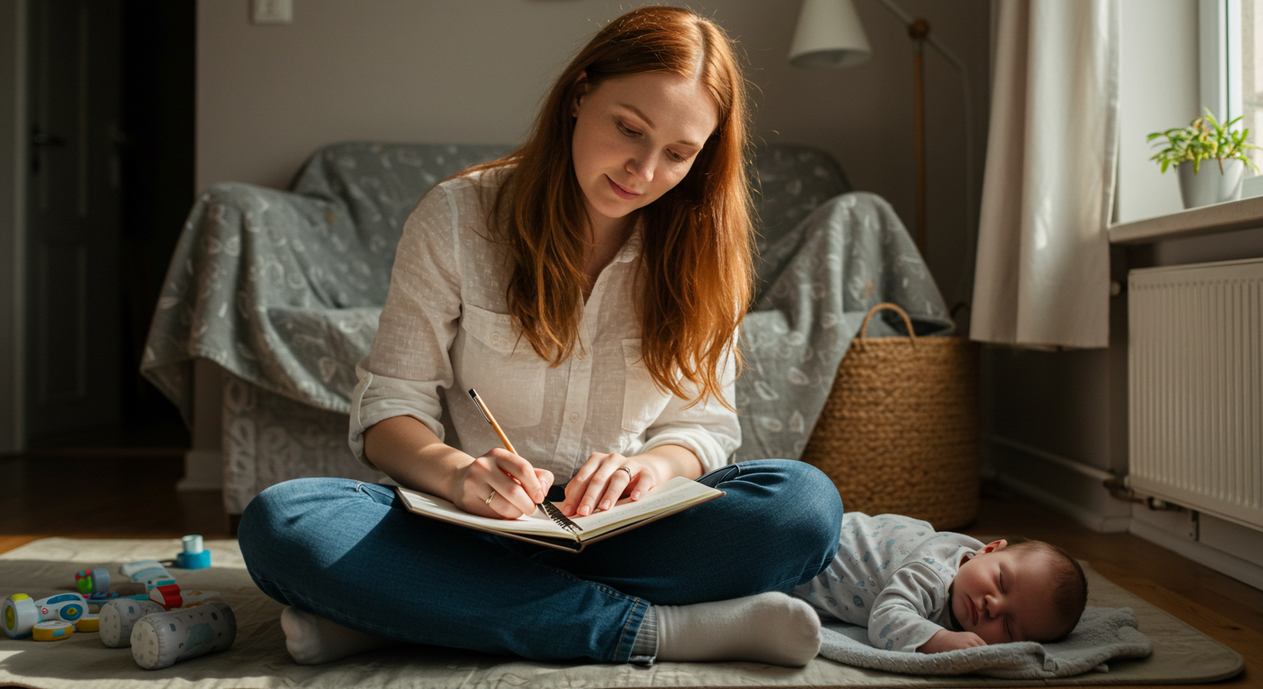 Мать ведет журнал, пока новорожденный спит рядом на игровом коврике