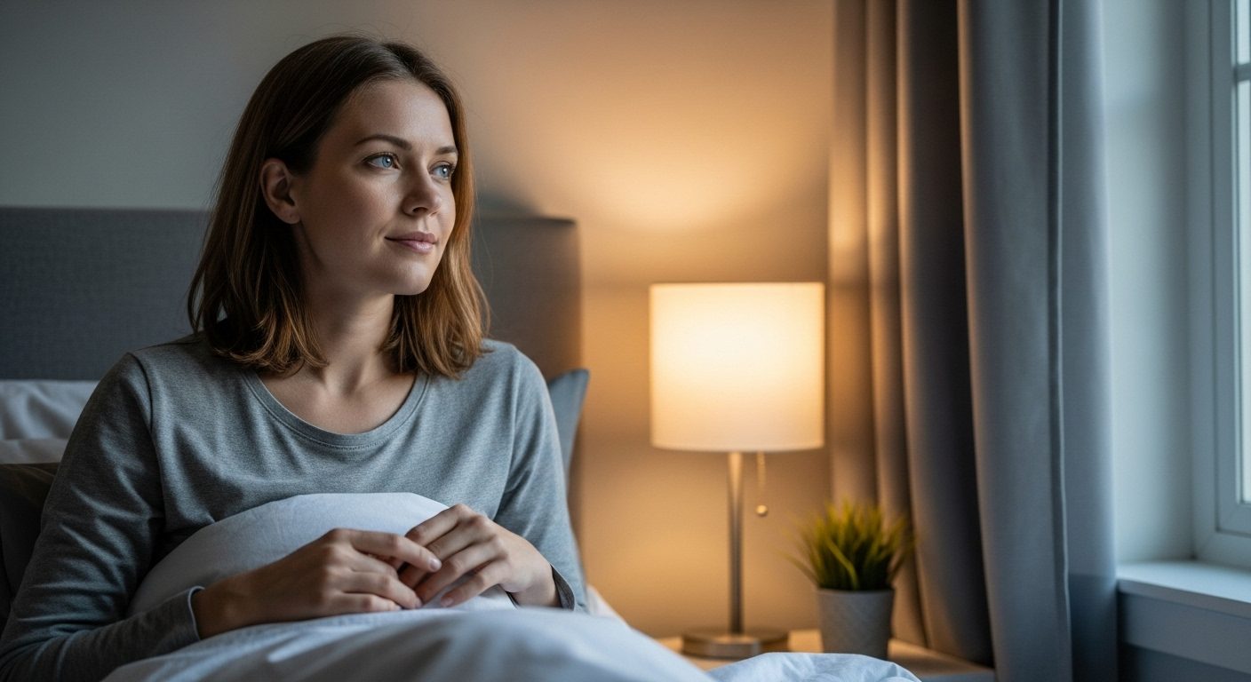 Молодая мама сидит на кровати с задумчивым видом, ощущая тревожность без причины