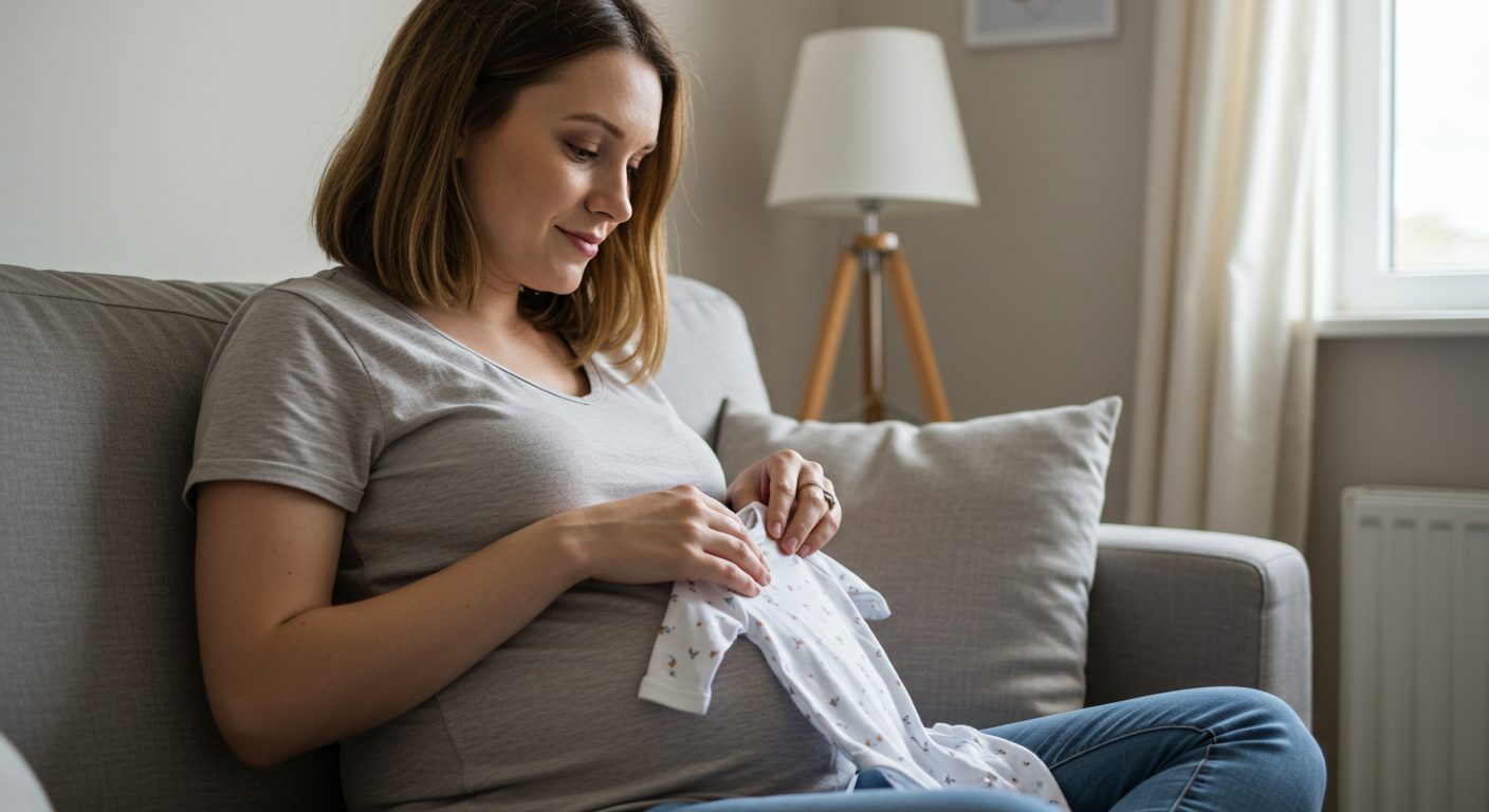 Молодая беременная женщина нежно касается детской одежки в nursery