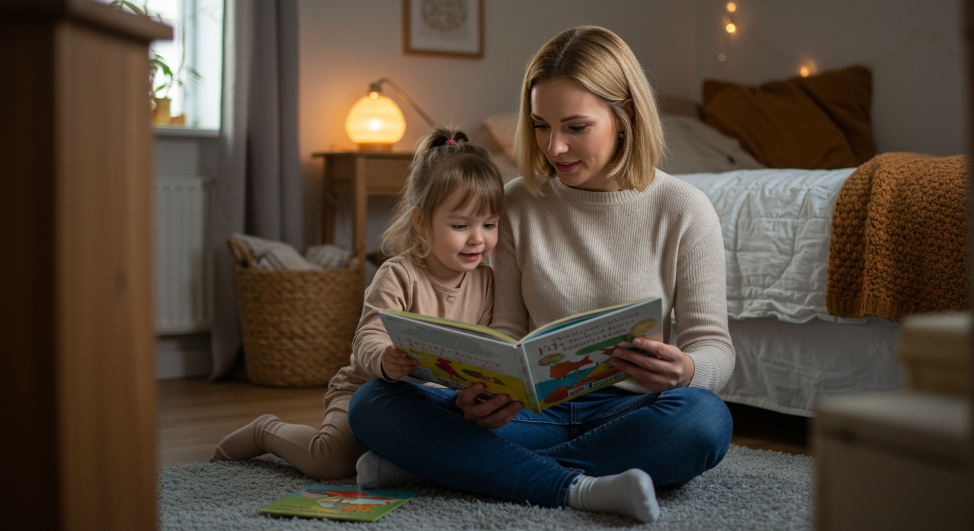 Молодая мама читает дочери на сером ковре в скандинавской спальне