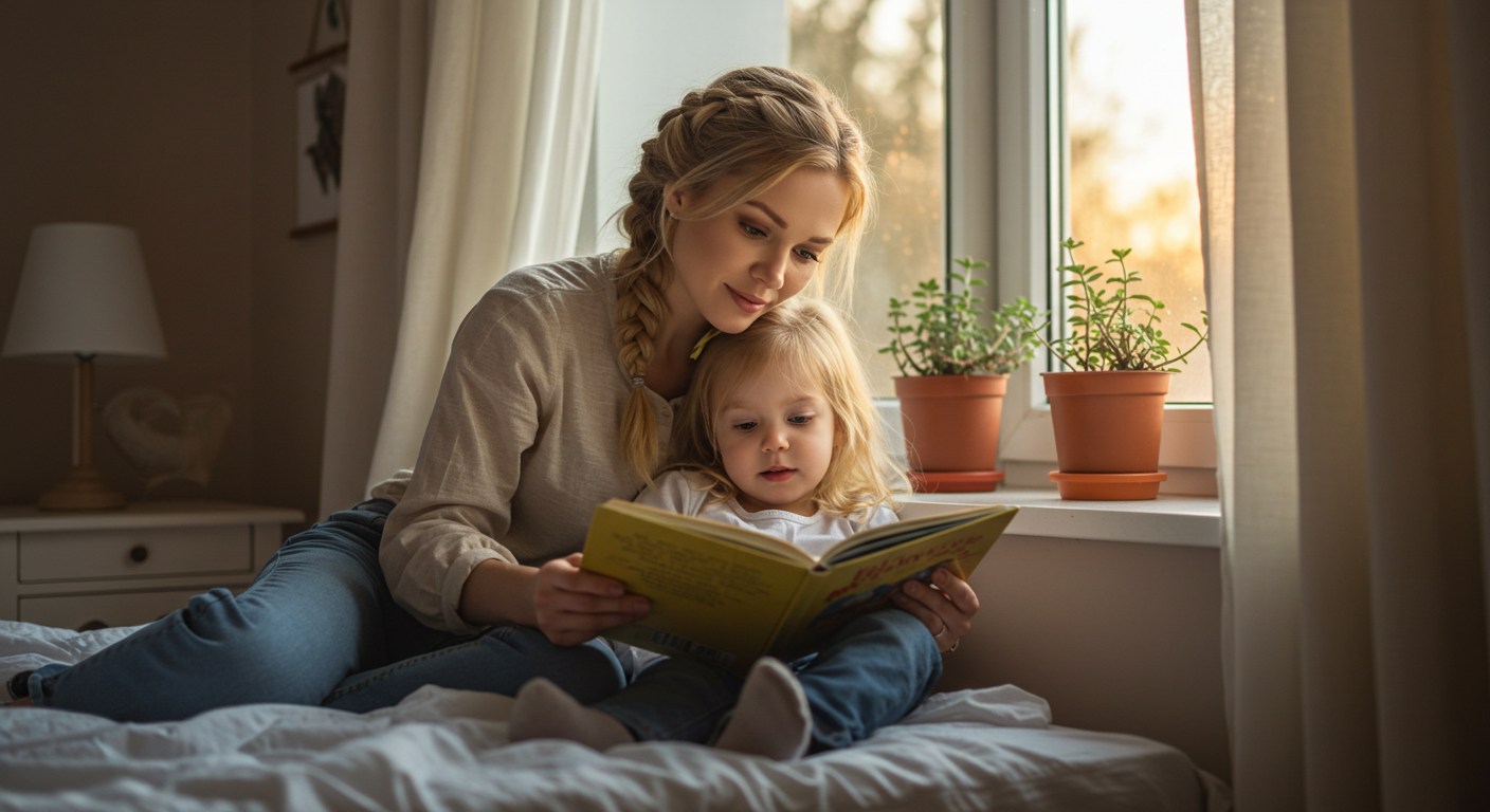Молодая мама читает дочке у окна в спальне с легкими занавесками
