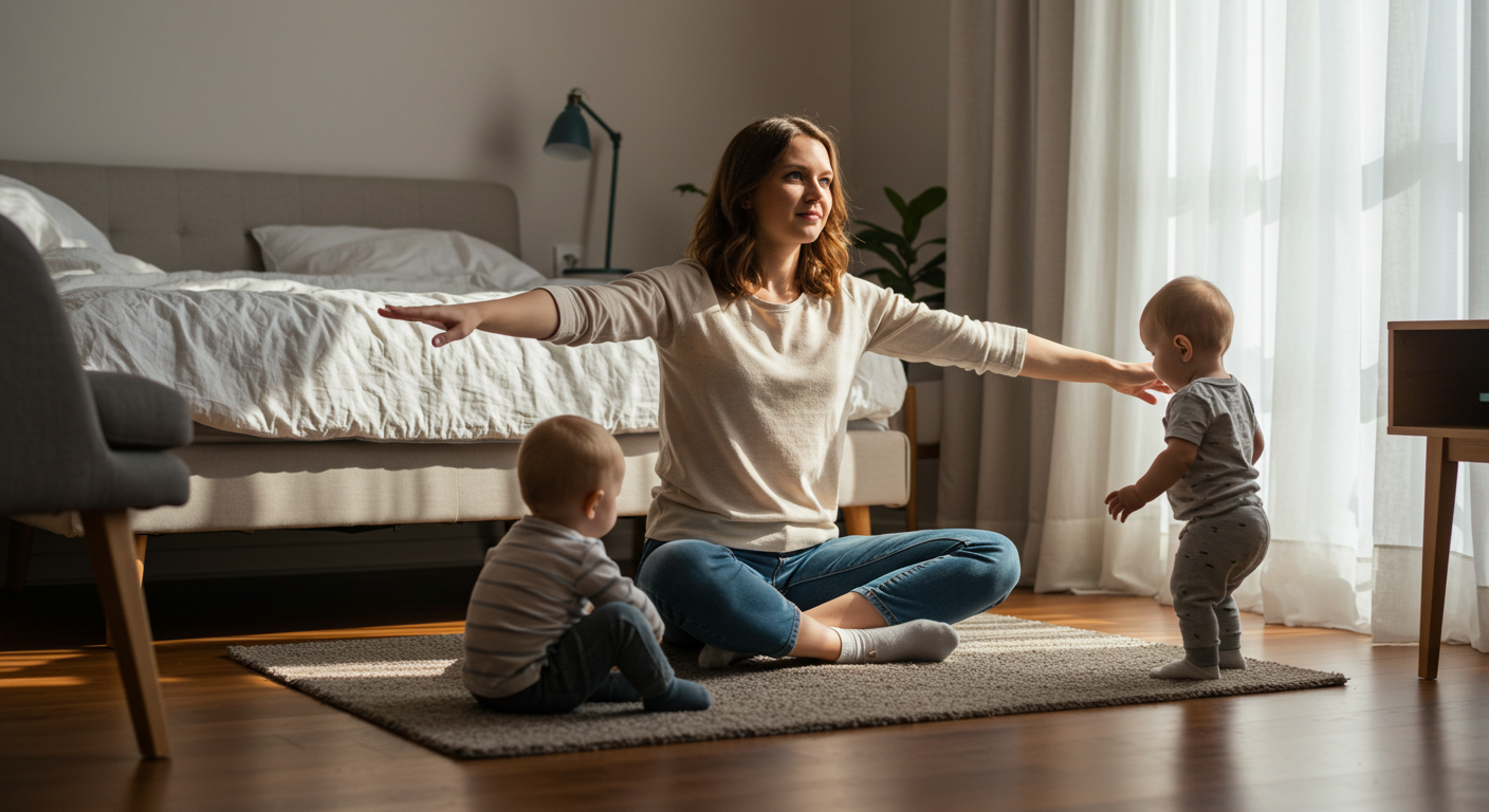 Молодая мама делает утренние растяжки в спальне, рядом играет ребенок