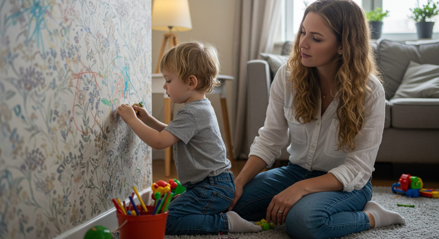 Молодая мама наблюдает за сыном, который рисует на обоях в уютной комнате