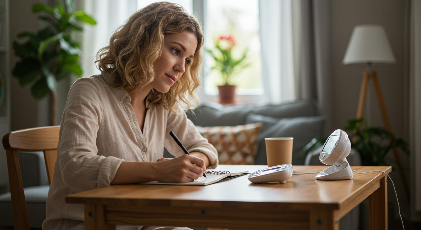 Молодая мама пишет в блокноте, рядом с ней детский монитор и мягкий свет