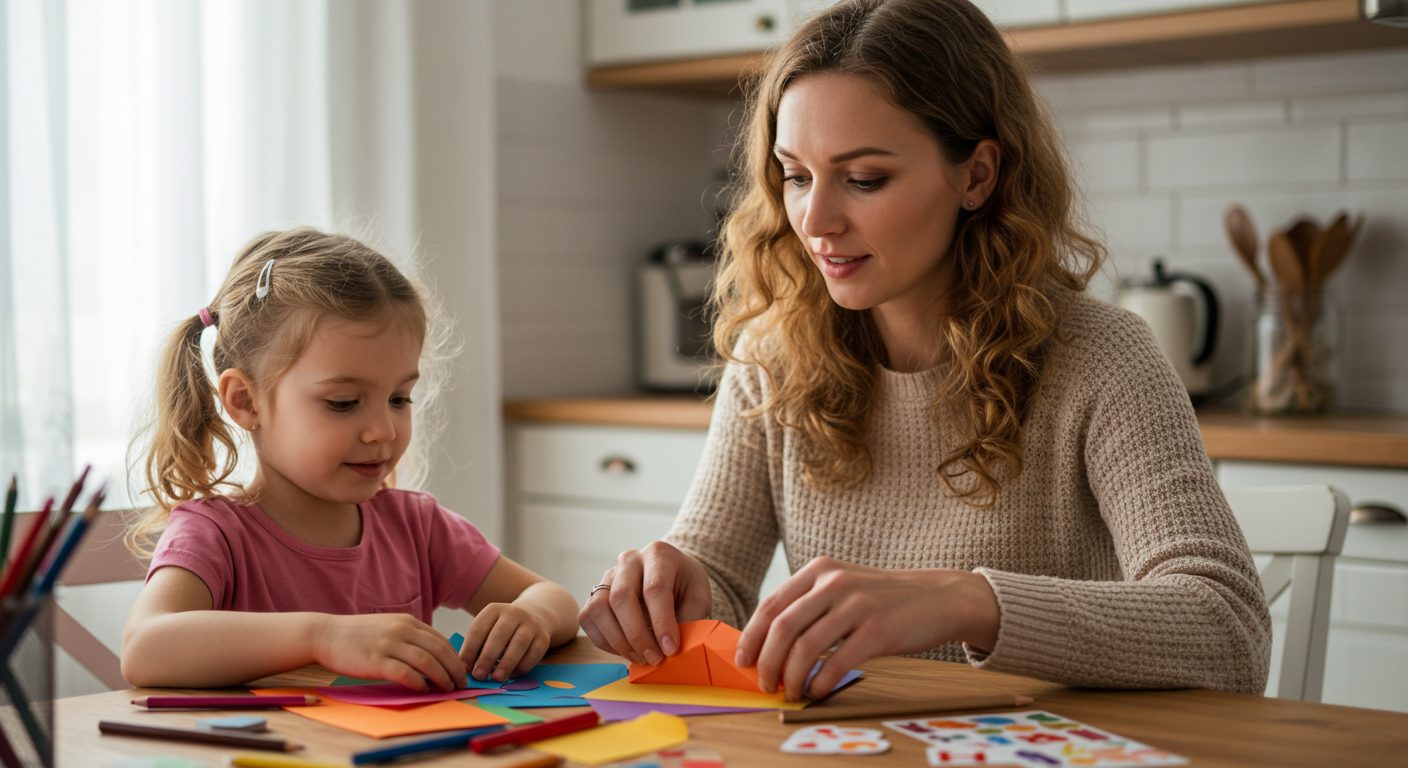 Молодая мама помогает дочери сделать собаку оригами из бумаги на кухне