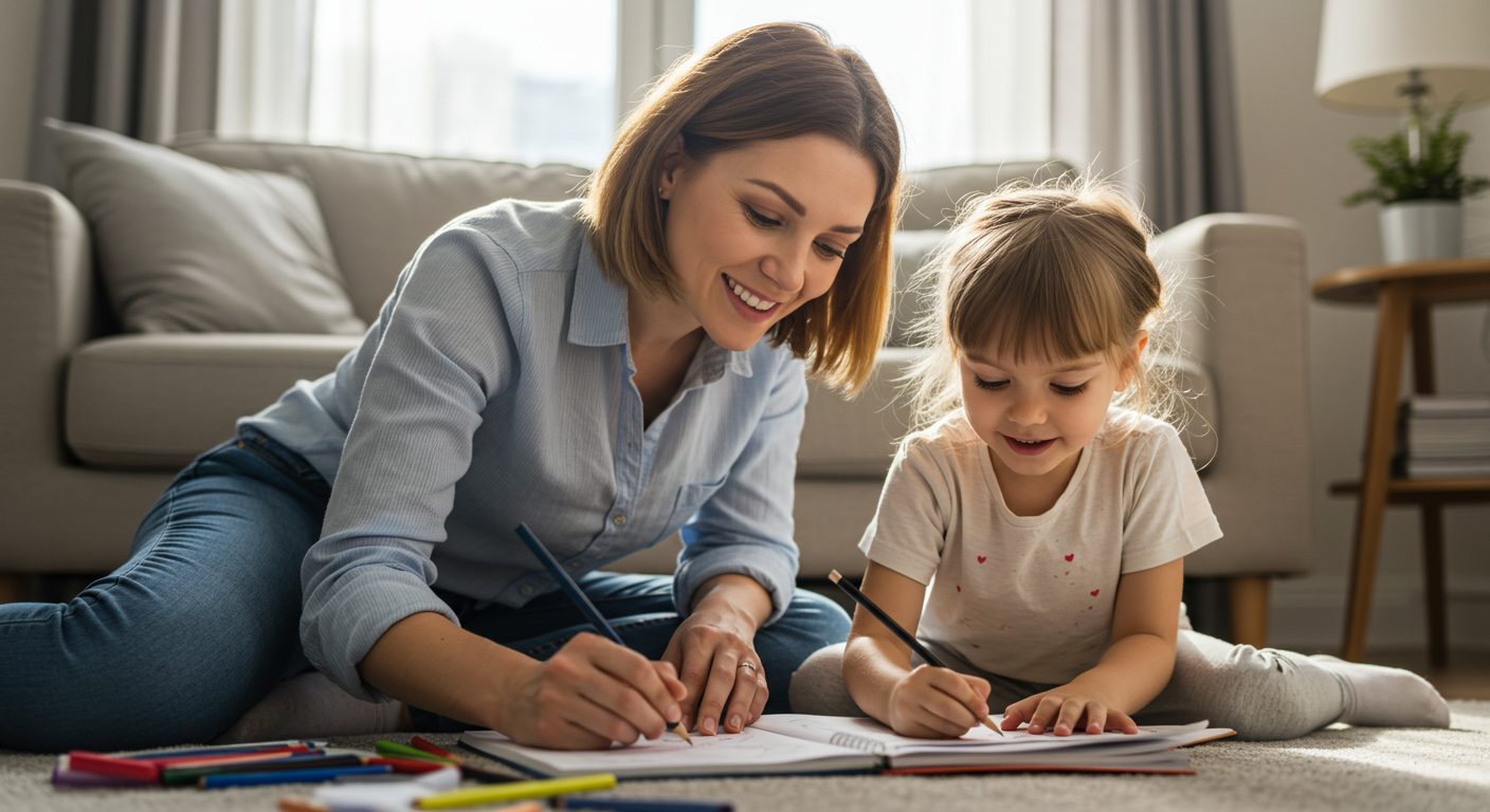 Молодая мама рисует с дочкой в уютной комнате при солнечном свете
