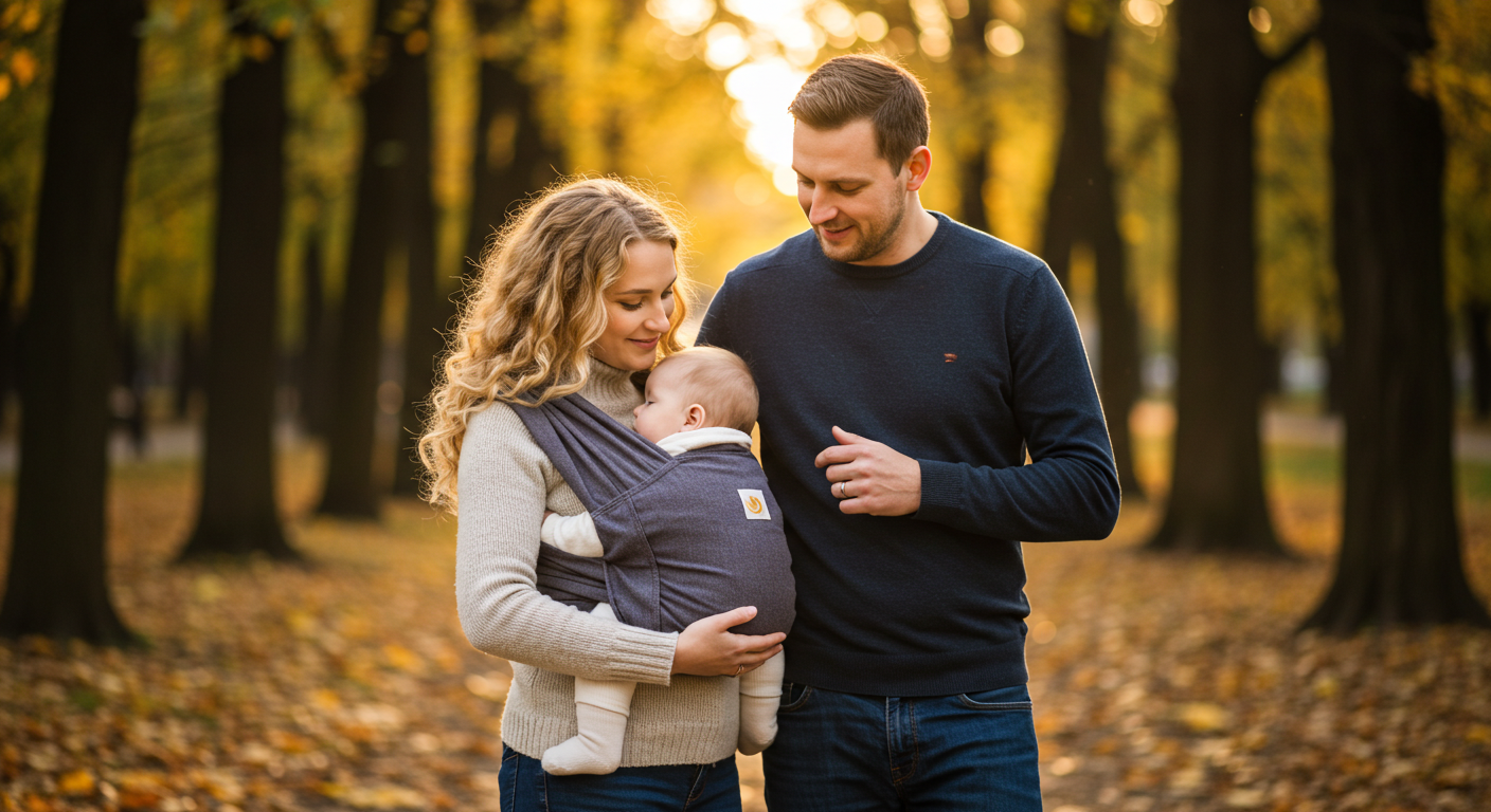 Молодая мама с дочкой в слинге гуляет с мужем в парке при закате