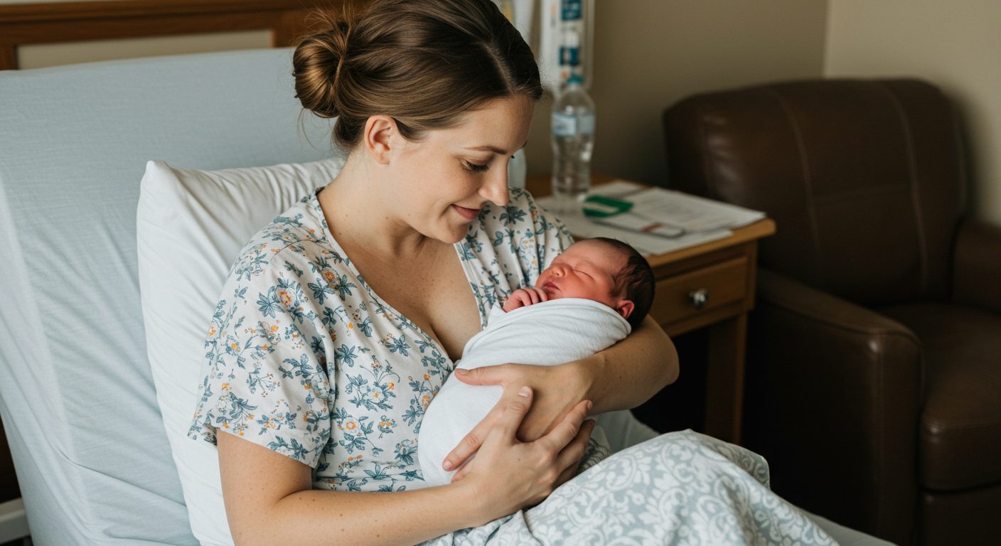 Молодая мама с новорожденным на руках в больничной палате