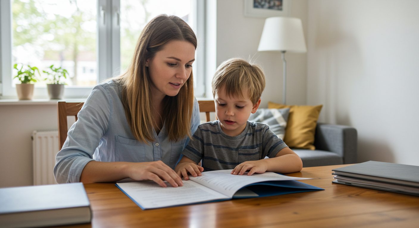Молодая мама с сыном просматривает документы в светлой комнате