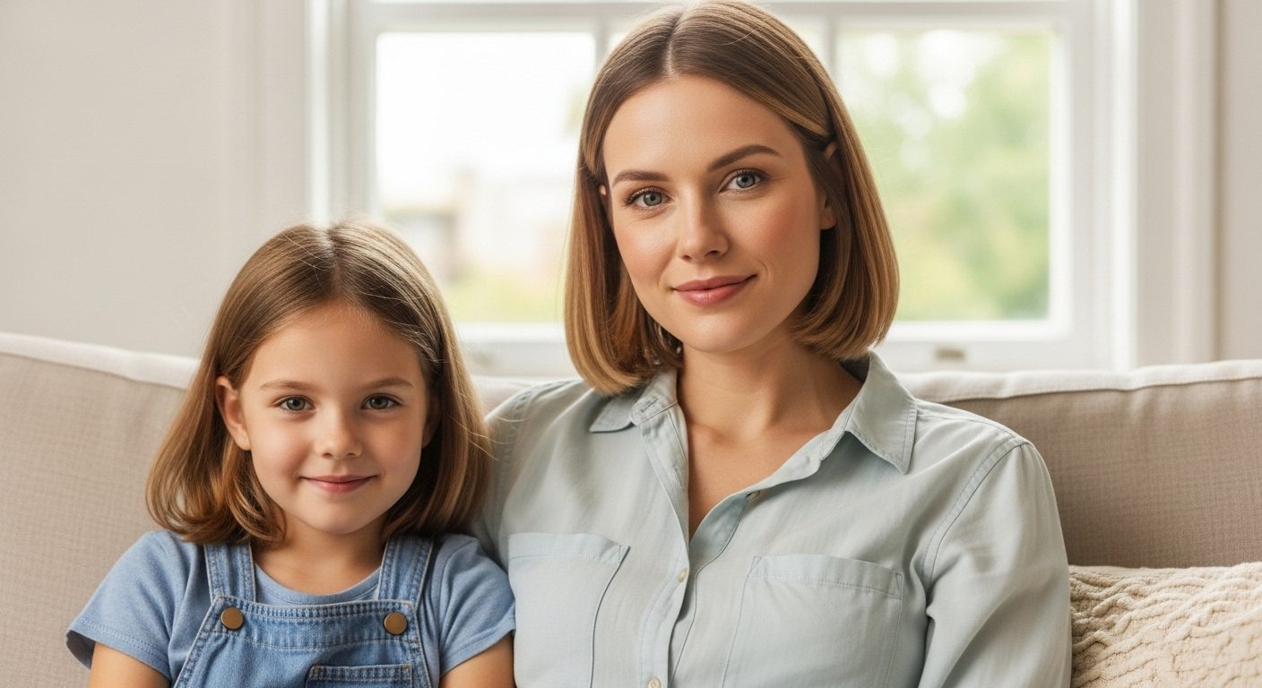 Молодая мама сидит на диване, держит за руки дочь, создавая гармоничные отношения